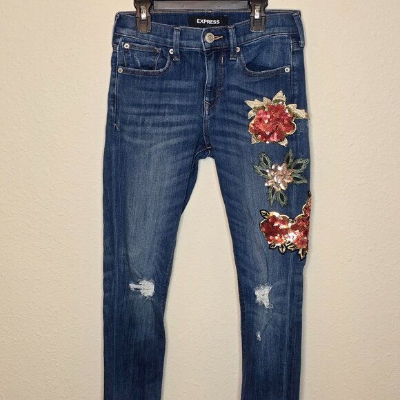 Express Pants - Express Women's Embroidered and Sequenced Mid-Rise Stretch Denim Leggings